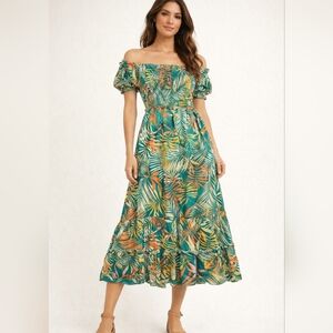 Betsey Johnson Tropical Green and Orange Midi Dress